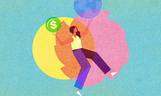 A woman balancing on one leg holding the world in one hand and a dollar sign in the other.