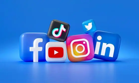 Social media icons on a blue background