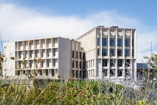 View of the Marshall Building from a campus rooftop
