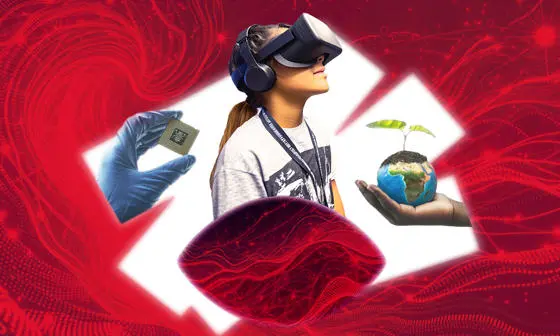 A collage of a girl wearing a VR headset, a hand holding a globe and a hand in glove holding a microchip.