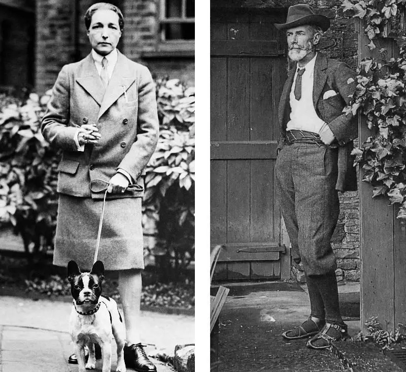 A collage of two photos. One is of Radycliffe Hall stood smoking with a dog, the other is Edward Carpenter stood wearing a hat a beard.