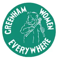 A green logo with Greenham Women Everywhere and a woman with bolt cutters on it.