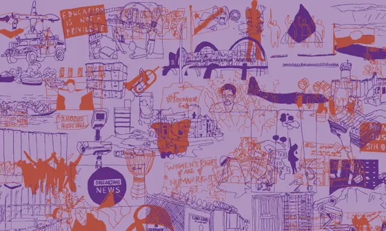 Stencil drawn graphic of human rights assocated items