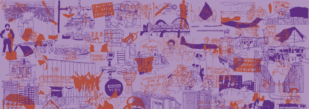 Stencil drawn graphic of human rights assocated items