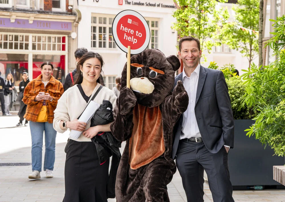 Open Day on LSE campus with Felix the Beaver, students and staff