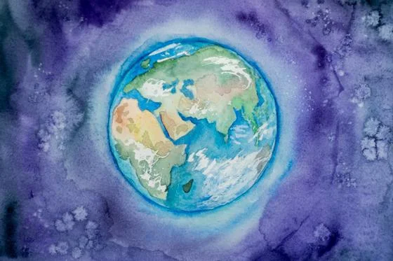 A watercolour painting of the Earth, with a focus on Africa and Asia