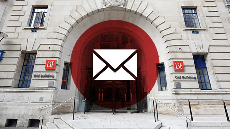 Photo of LSE Old Building with mailing graphic superimposed