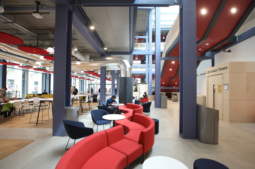 communal student space with sofas and students working