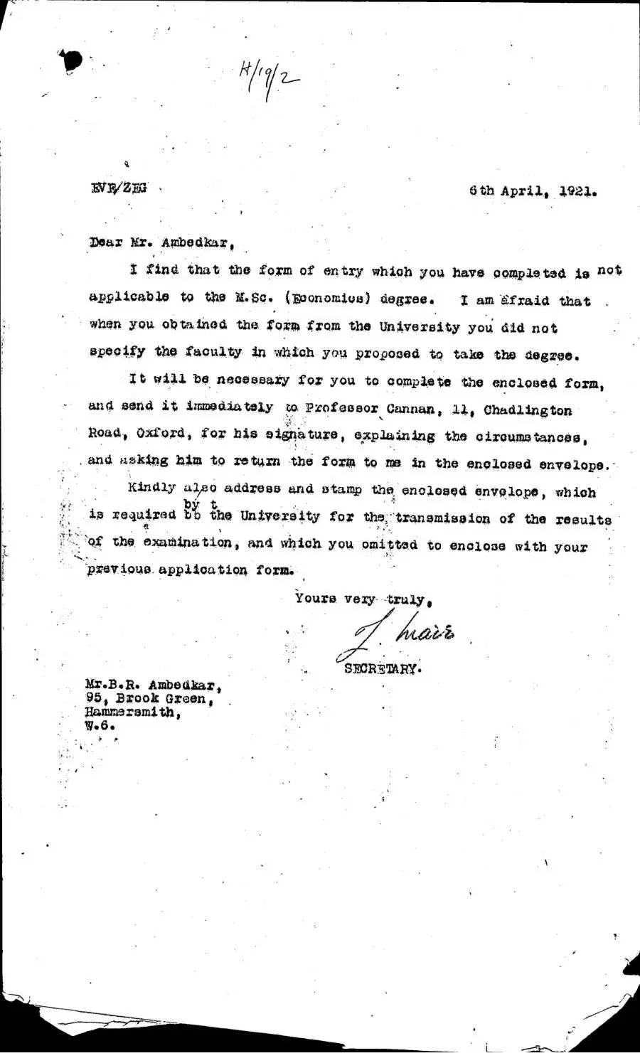 Letter from School Secretary to Ambedkar, LSE student file