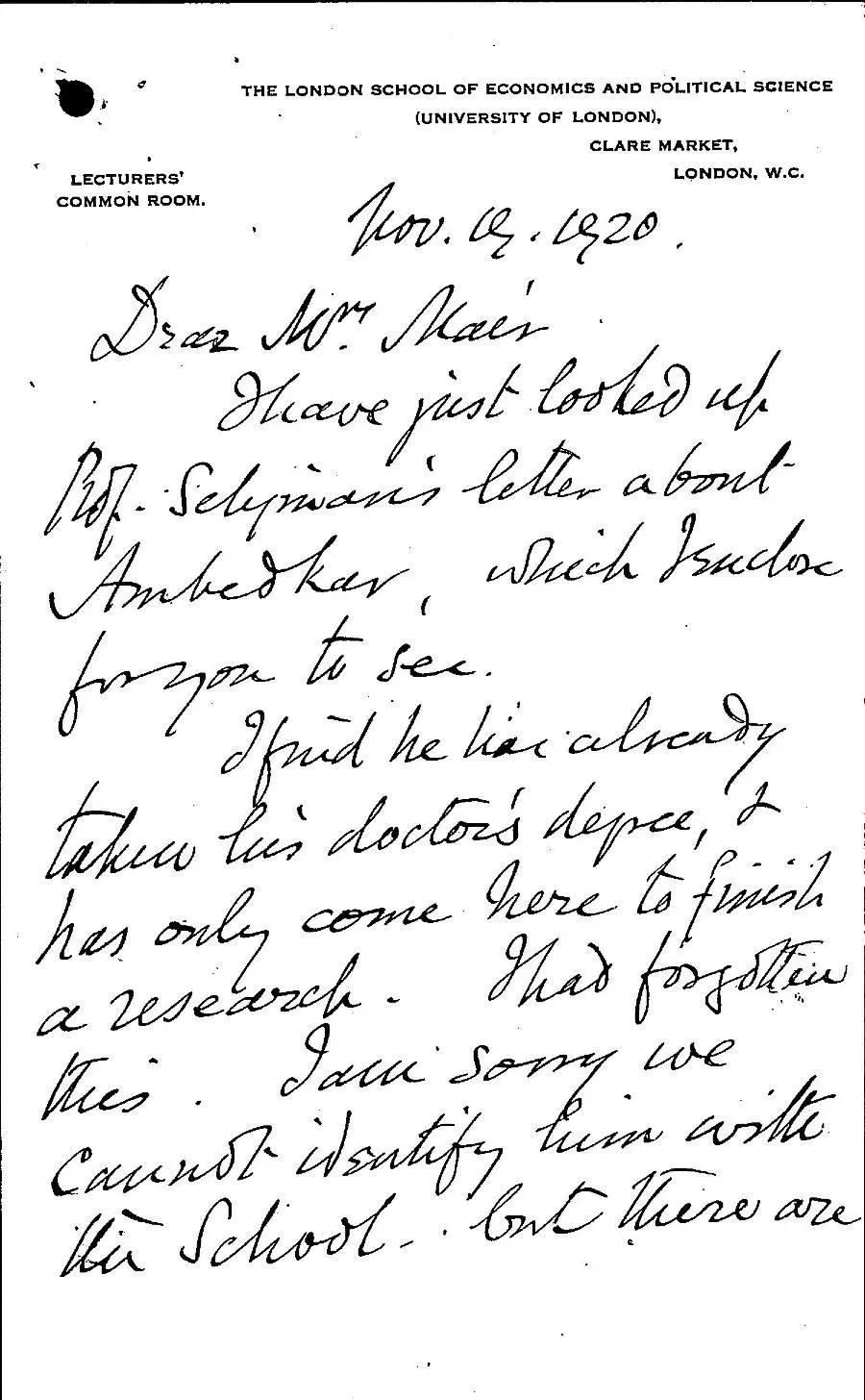 Reply from Professor Herbert Foxwell, 1920, LSE student file