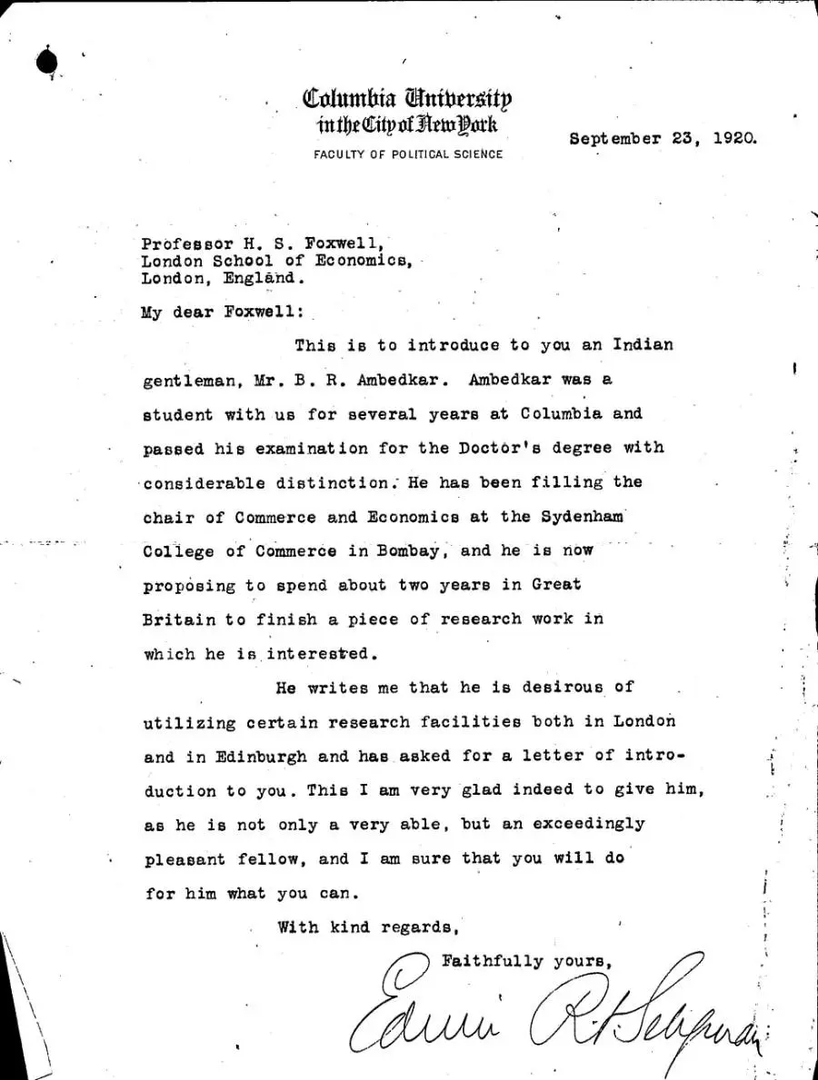 Reference about Ambedkar to Professor Herbert Foxwell at LSE, 1920, LSE student file