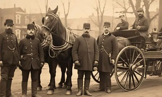 Members of the Chicago Police Force from the 19th century stand alongside their horses for a photograph