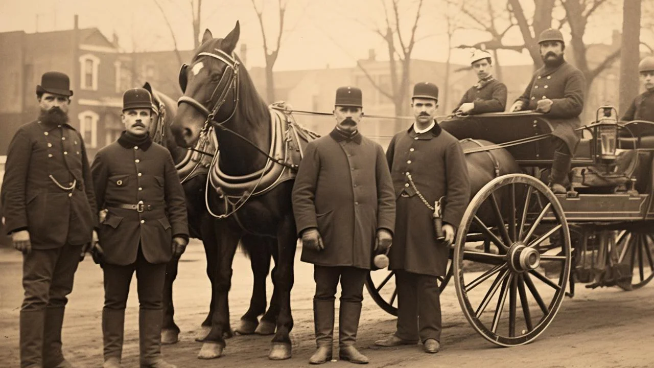 Members of the Chicago Police Force from the 19th century stand alongside their horses for a photograph