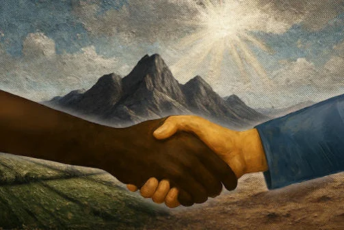 Two hands being shaken in front of a mountain with a shining sun