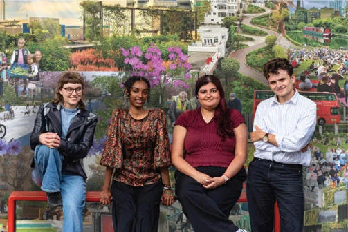 Four young people on a bench with a backdrop of photographs of various parks and green spaces.