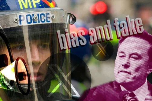 Collage of a policeman and Elon Musk with the words 'bias and fake'.