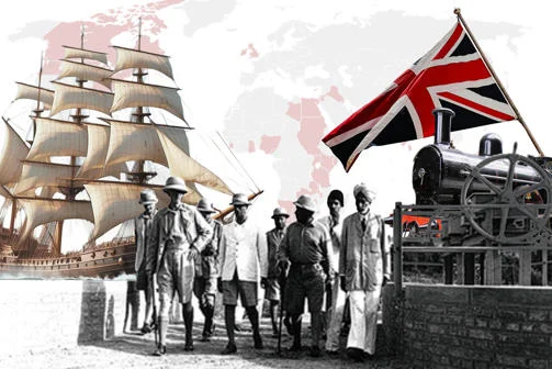 Various photographs from colonial times including of a train, ship and the British flag.