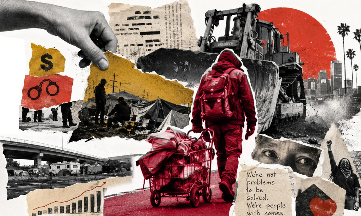 Collage of urban landscape with a man pulling a cart full of belongings.