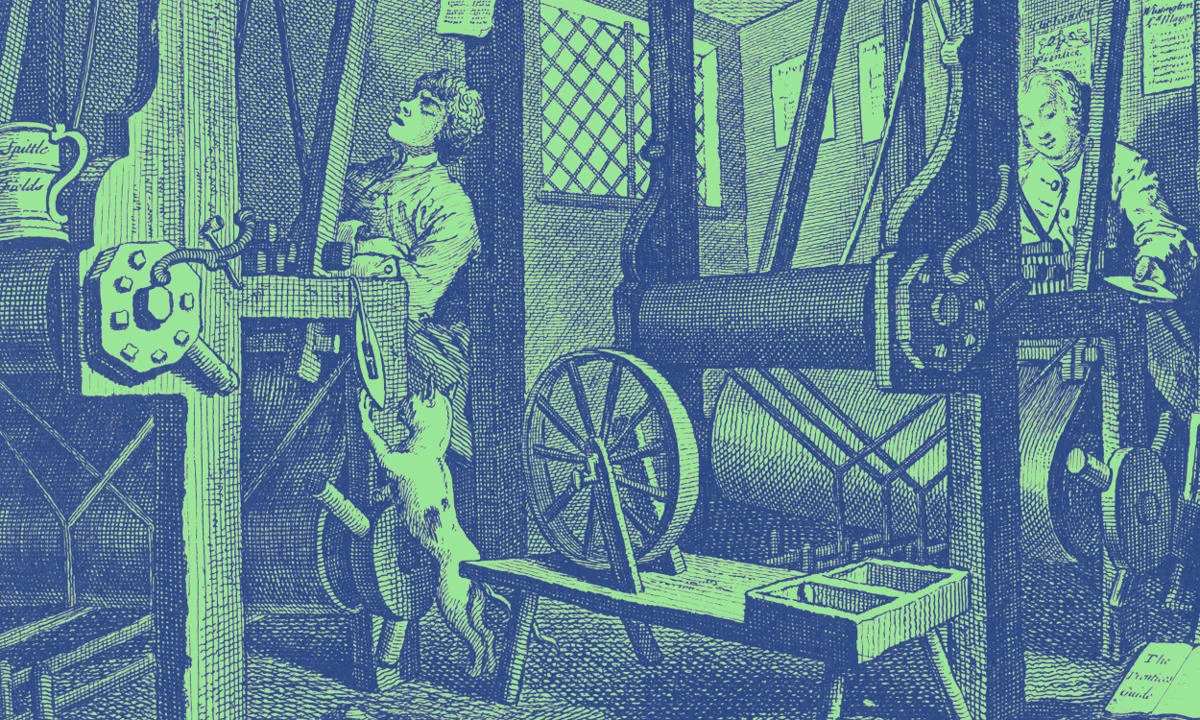 An illustration of workers at a loom in pre-industrial revolution times