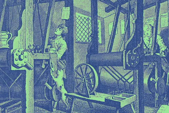 An illustration of men working a loom in pre-industrial revolution times.
