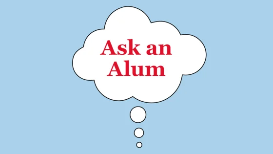 "Ask an Alum" in a speech bubble on a blue background.