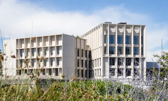 View of the Marshall Building from a campus rooftop