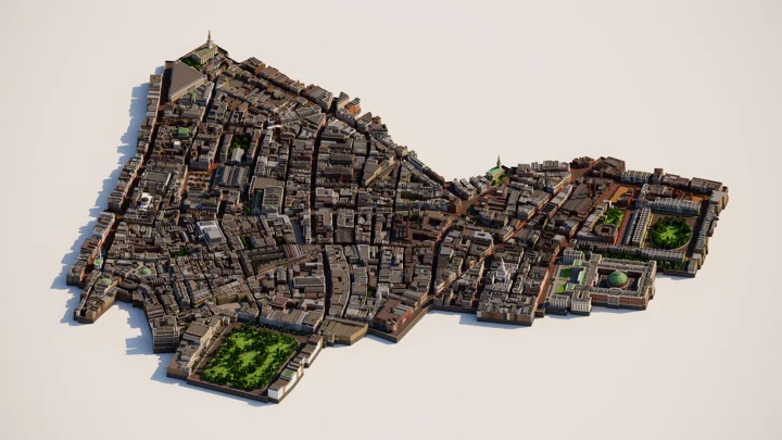 The area encompassing the six interactive walks within the Minecraft Education world "Charles Booth's London".