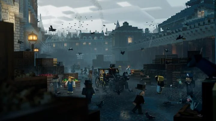 Characters from Charles Booth's London Minecraft Education game shopping in Covent Garden at night.