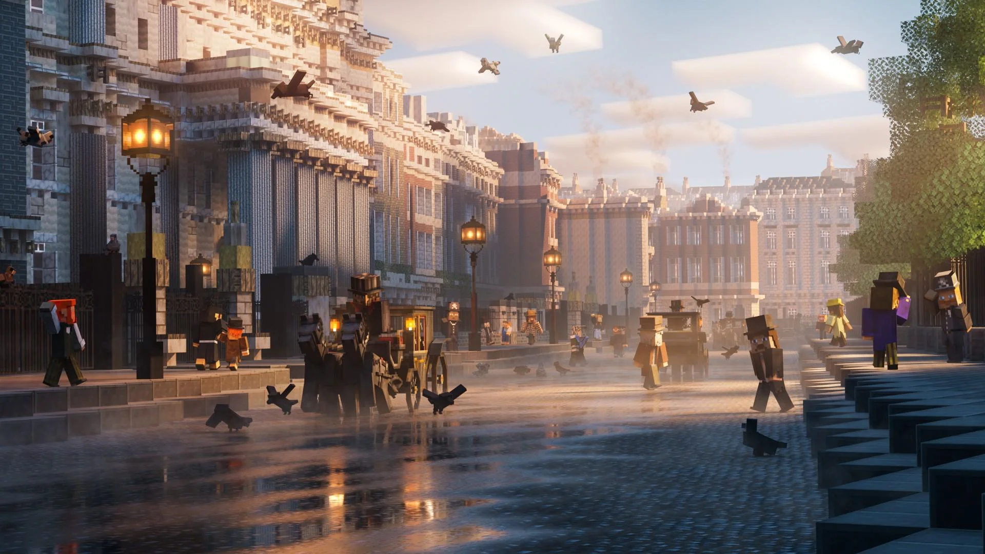 The image shows a shot taken from the Minecraft Education world build 'Charles Booth's London'. Lincoln's Inn Fields in Victorian times. There is a wide road with a horse and carriage and several old street lights along the road. Several people in top hat