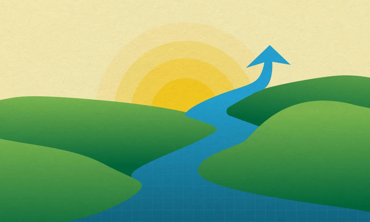 A river running through green hills which turns into an an arrow pointing towards the sky