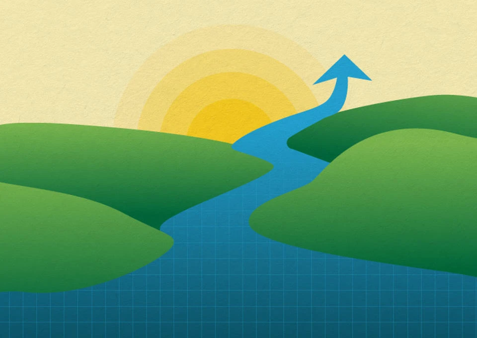 An illustration of a river flowing through green fields towards a shining sun.