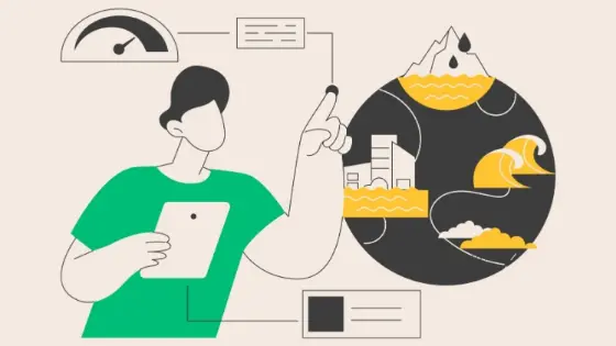 Illustration of person holding a tablet pointing at a globe