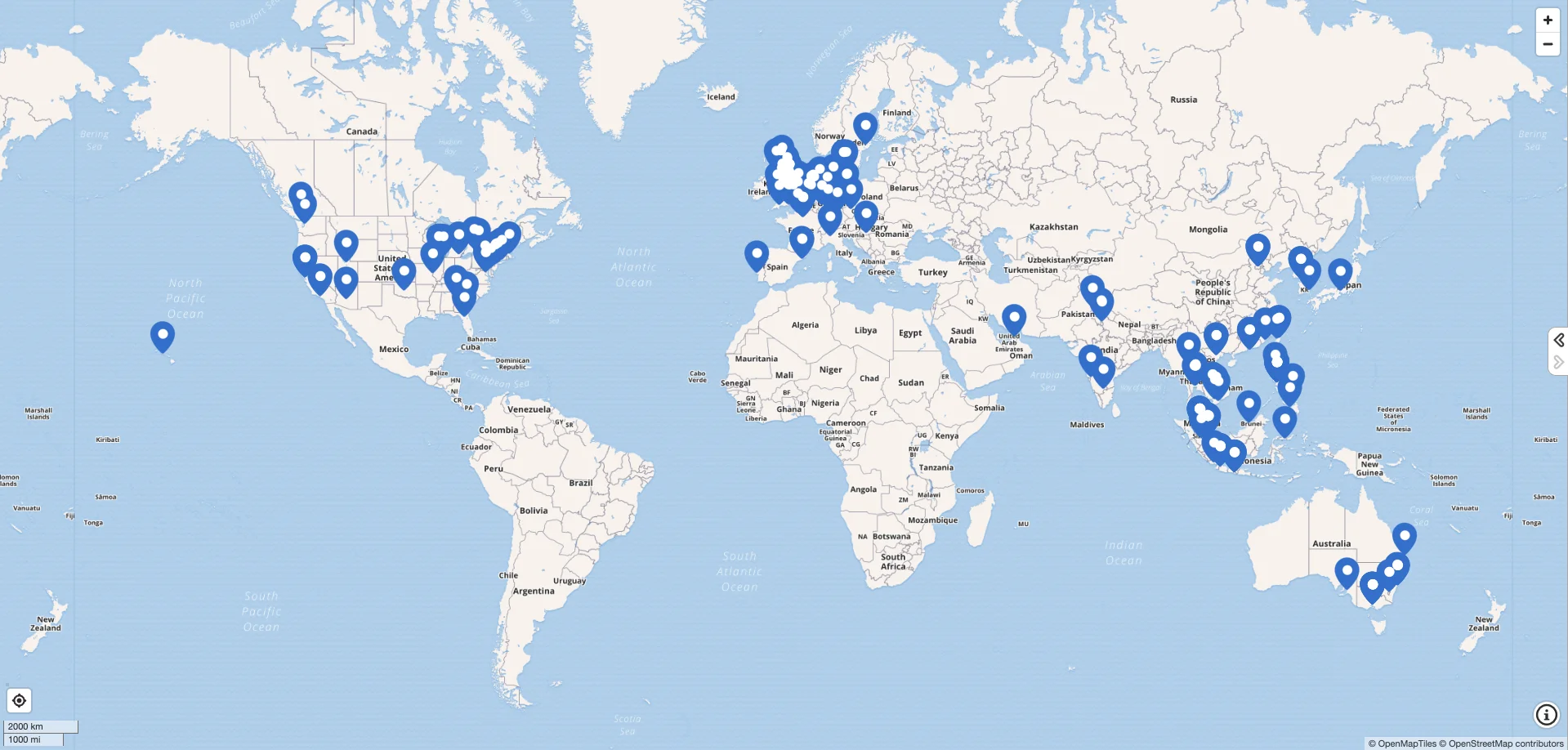 A map with pins denoting the location of SEAC ECR Network members