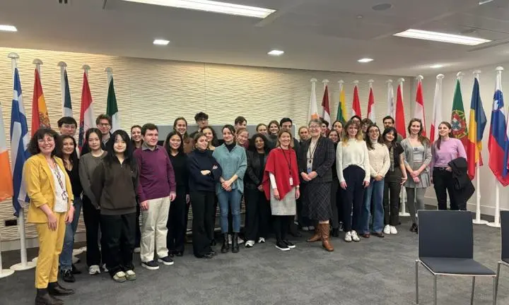 Group of students standing in front of European flags