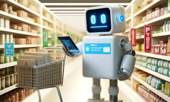 A cartoon of a robot in a supermarket holding a tablet.