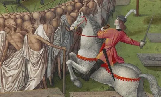 detailed of medieval painting of Horseman of death and shrouded figures