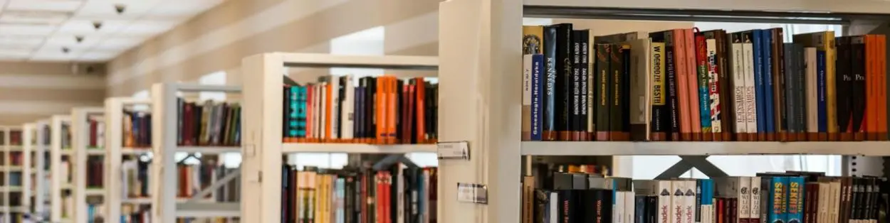 row of bookshelves in a library