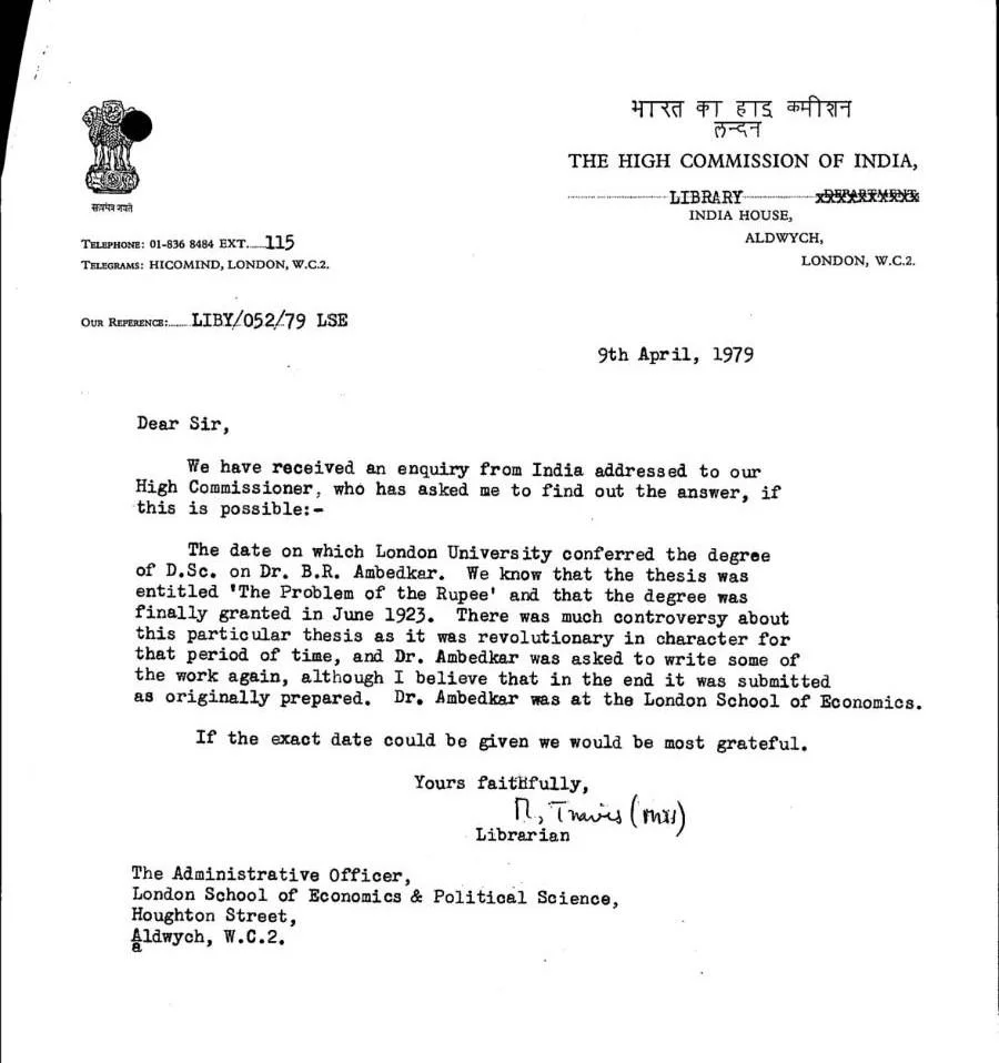 Letter from the High Commission, 1979, LSE student file