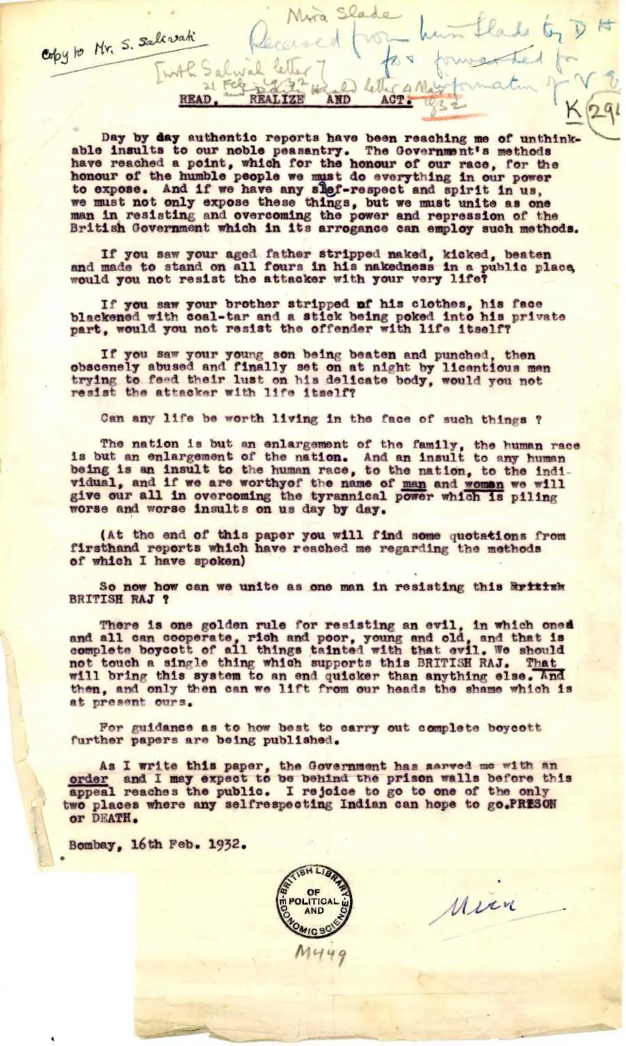A letter entitled "Read, Realise and Act"