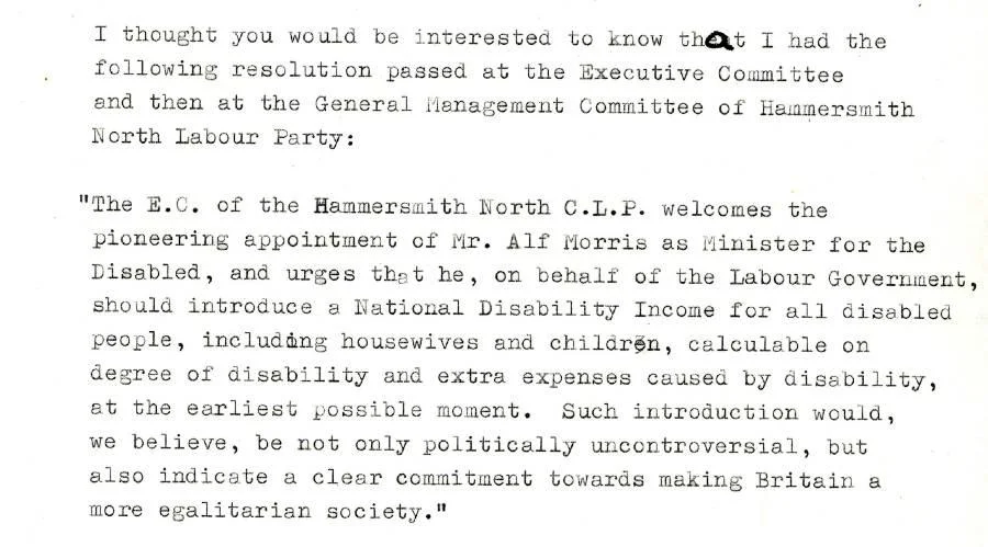A letter from the Disablement Income Group (DIG) to Alf Morris MP, 1974