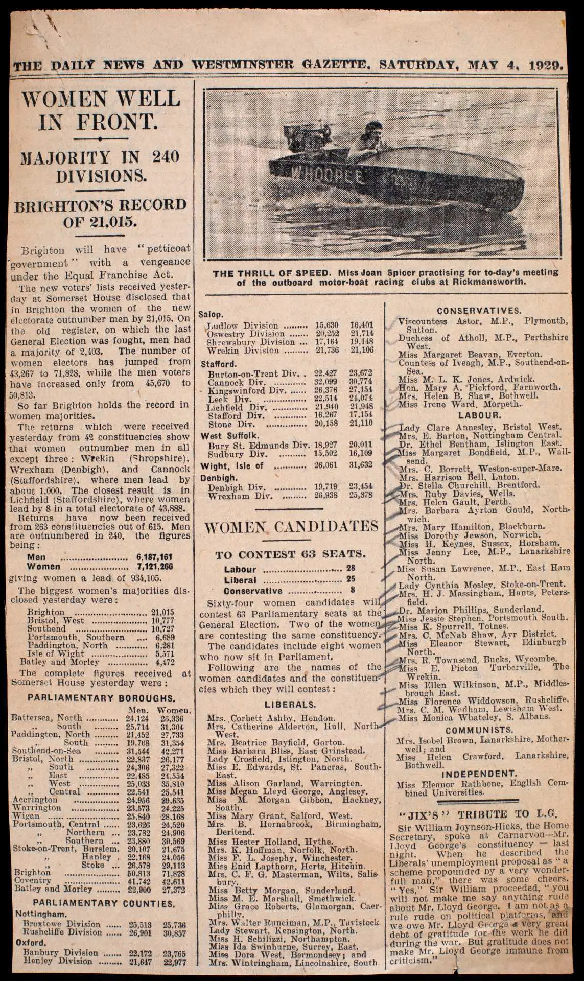 A newspaper clipping from the Daily News and Westminster Gazette, May 4, 1929. Includes a piece about female candidates