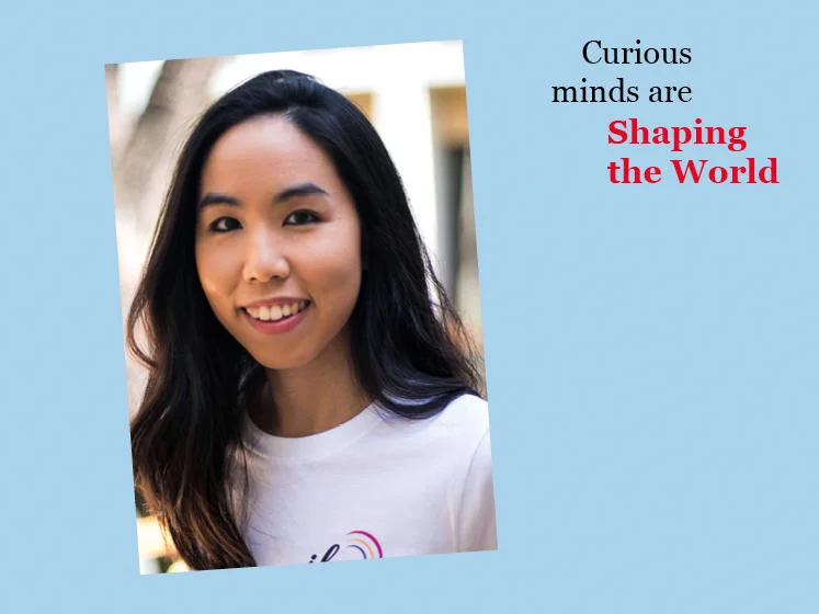 Blue graphic with an image of Net Supatravanij and the text "Curious minds are shaping the world"