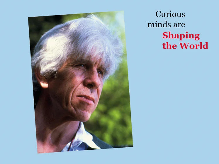 Blue graphic featuring an image of WD Hamilton with the text "Curious minds are shaping the world"