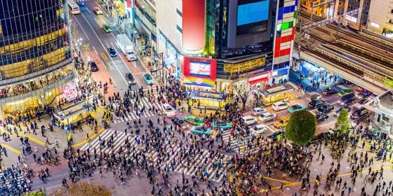 A busy Shibuya crossing at night