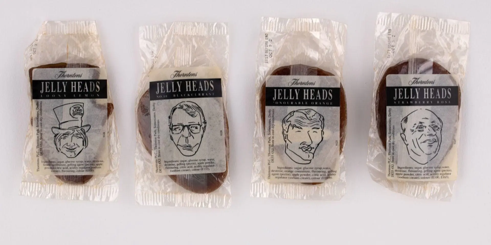 A row of 'Jelly Head' sweets from the archive each representing a political figure.