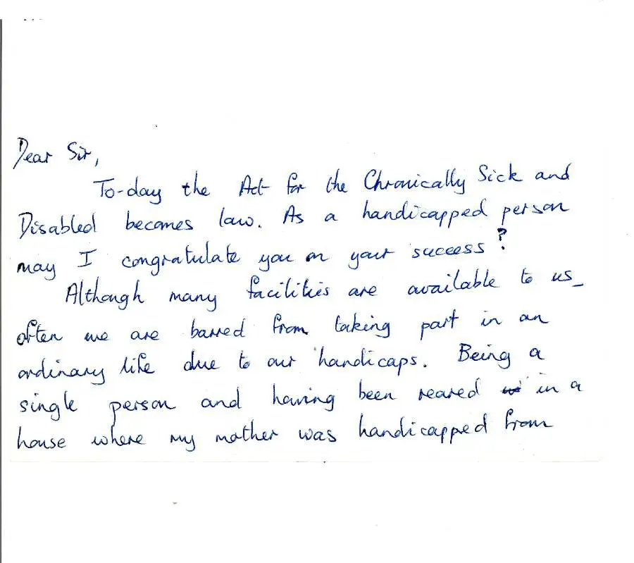A handwritten letter to Alf Morris MP from a constituent, 1970
