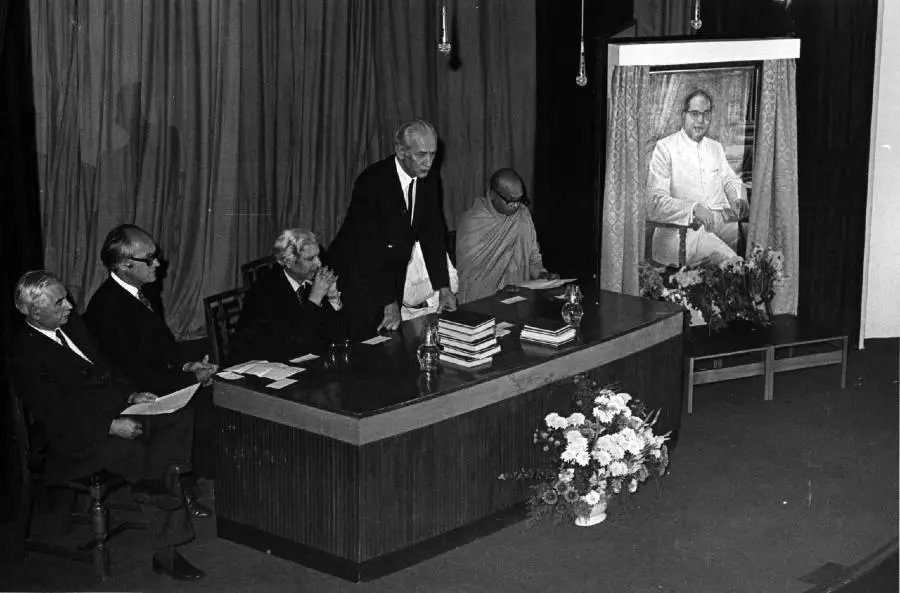 Presentation of Portrait of Ambedkdar, 1973 (left to right: Professor Arthur John (Pro Director), Mr D. A. Clarke (Librarian), Mr M. Rasgotra (Acting High Commissioner for India), Sir Walter Adams, Ven Dr H. Saddatissa (Head of London Buddha Vihara)
