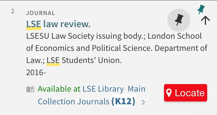 A screenshot of the a catalogue record on Library Search with the red 'Locate' button visible