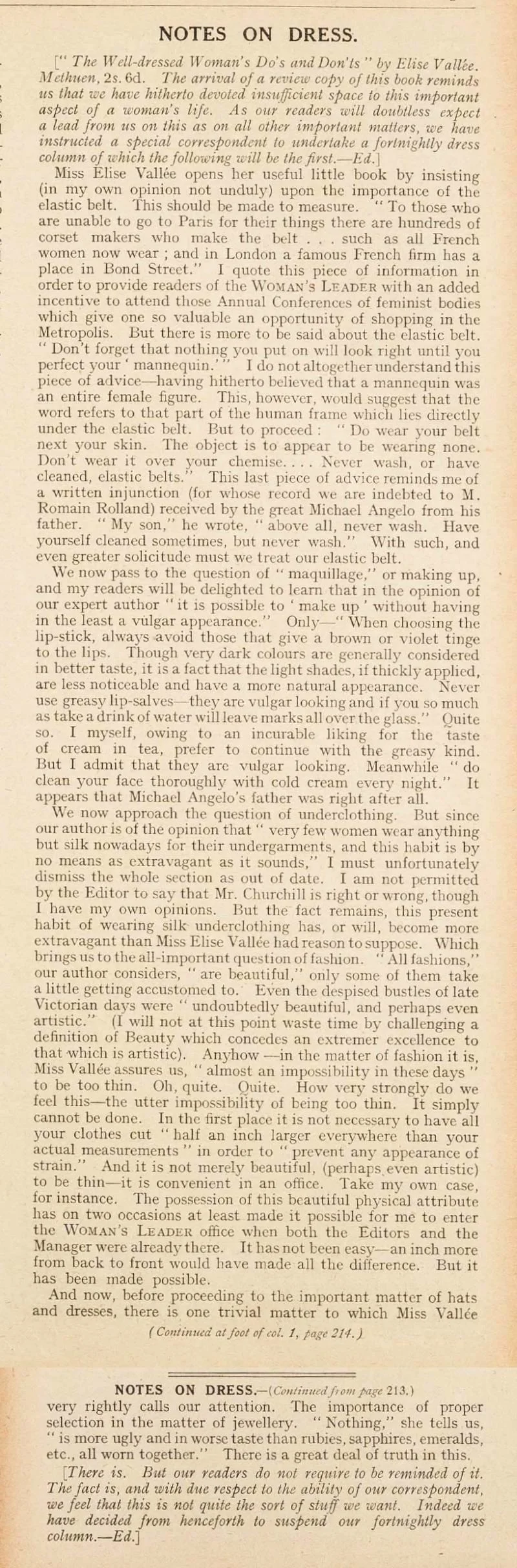 An article on dress from the Woman's Leader