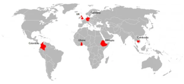 A map of the world showing highlighted countries